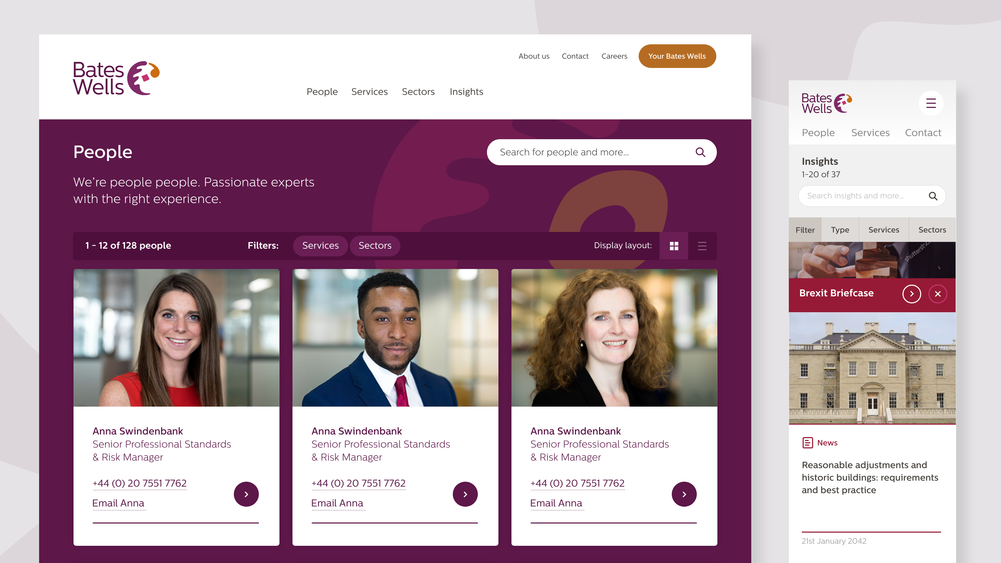 Bates Wells - Website design for people page and insights page on mobile