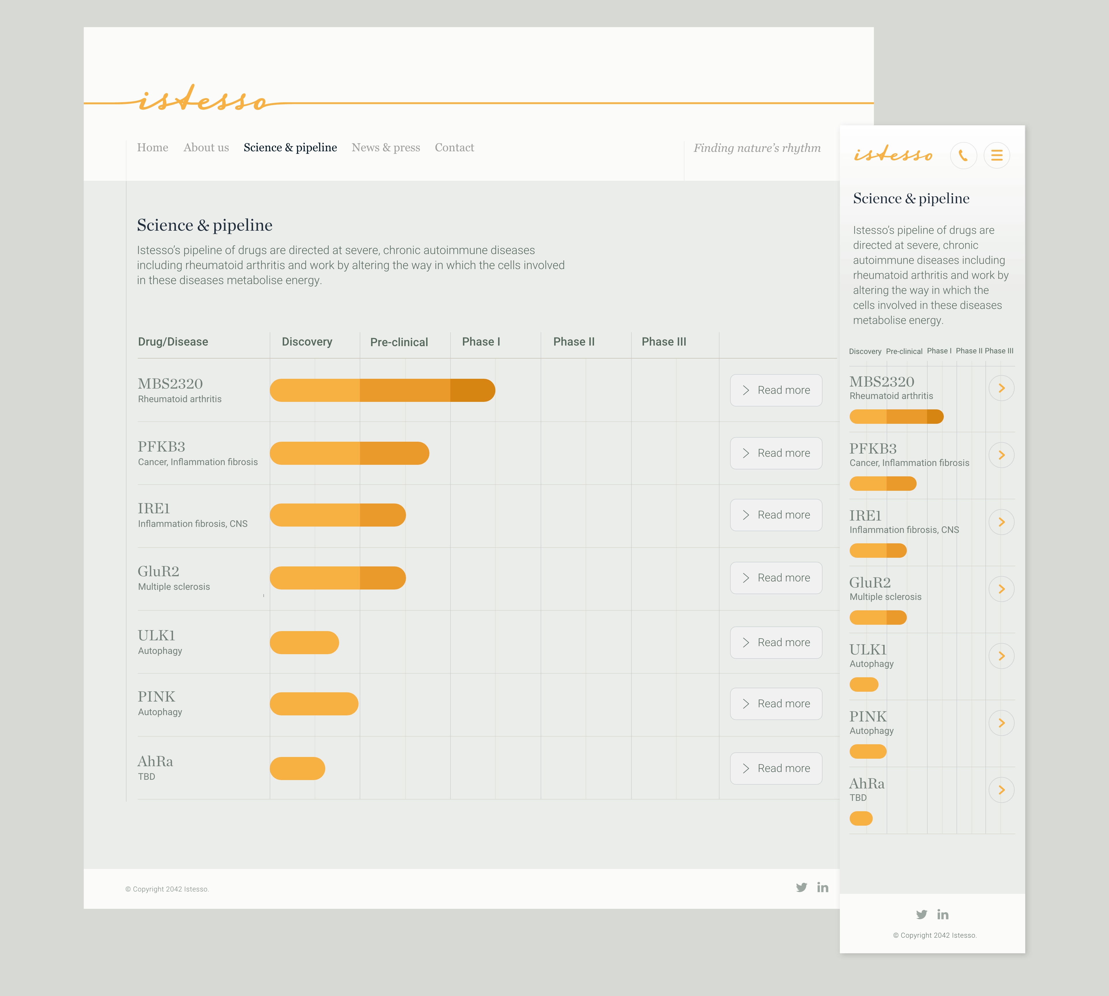 UI design for Istessos scientific pipeline pages for the desktop and mobile