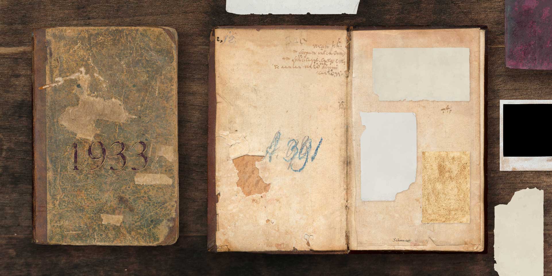 Artwork for scene of table and old photo book