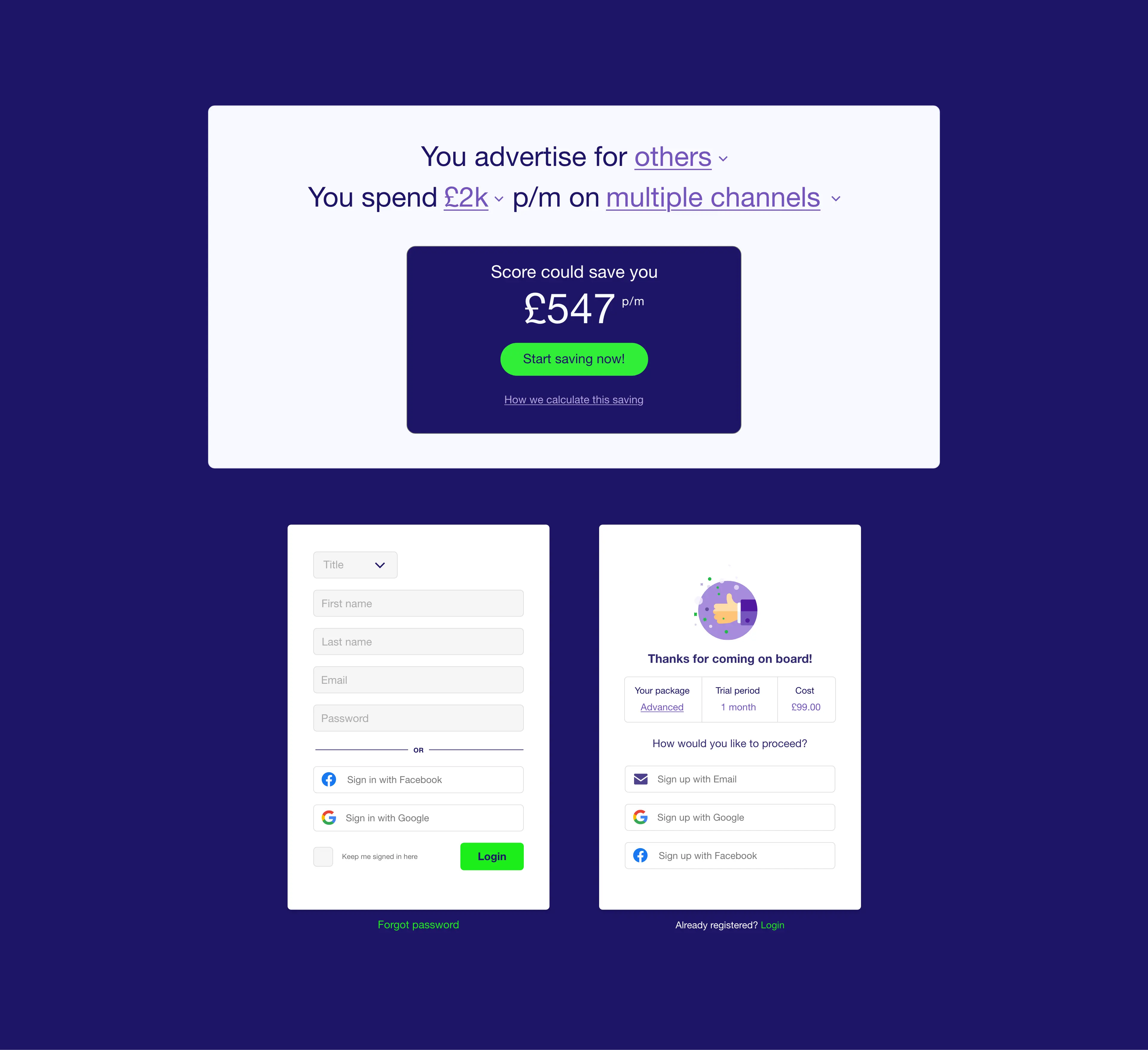 Promotional box and login and sign up interface boxes